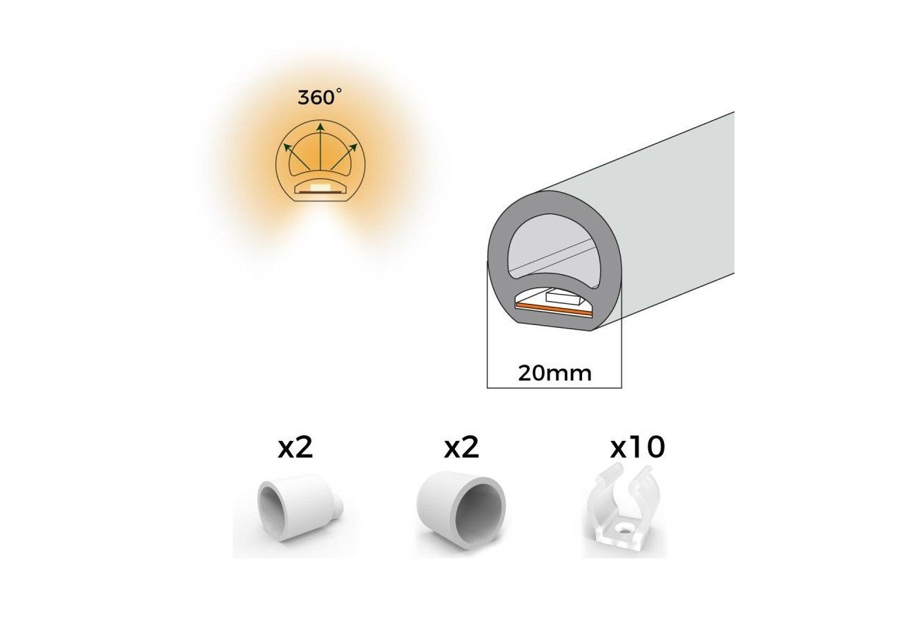 Néon LED flexible circulaire 360 degrés-24V DC-diamètre 20mm-5 mètres-13W/m-Kit complet-IP67 - N20D-5M-BN - Barcelona LED