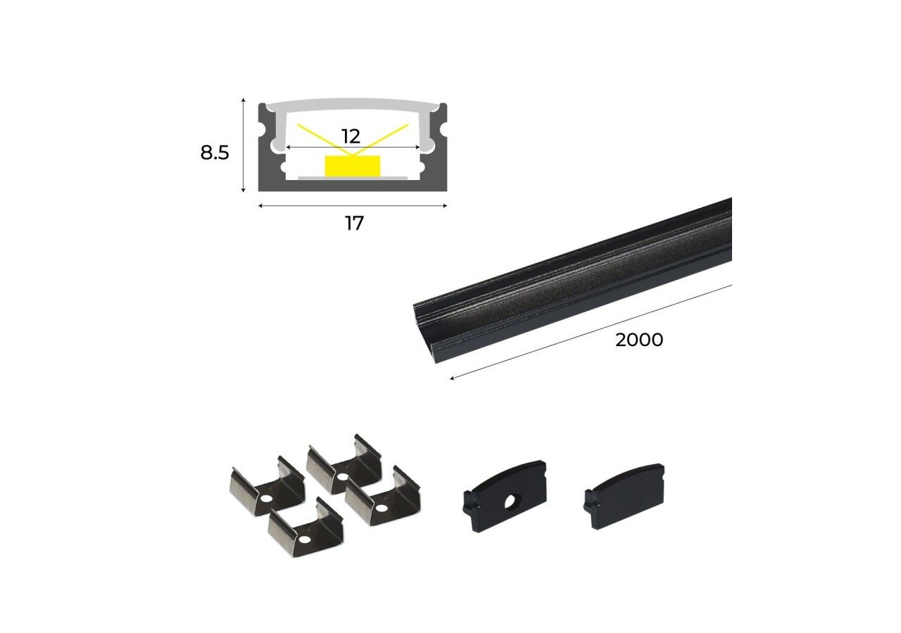 Profilé saillie en aluminium pour bande LED avec diffuseur-17x8mm-4 clips-2 embouts-2m - KPERF17X8-N - Barcelona LED