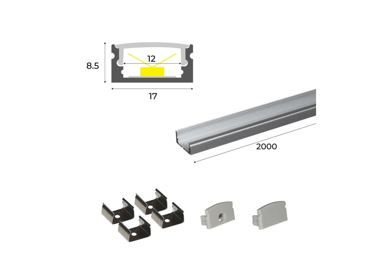 Profilé saillie en aluminium pour bande LED avec diffuseur-17x8mm-4 clips-2 embouts-2m - KPERF17X8-P - Barcelona LED