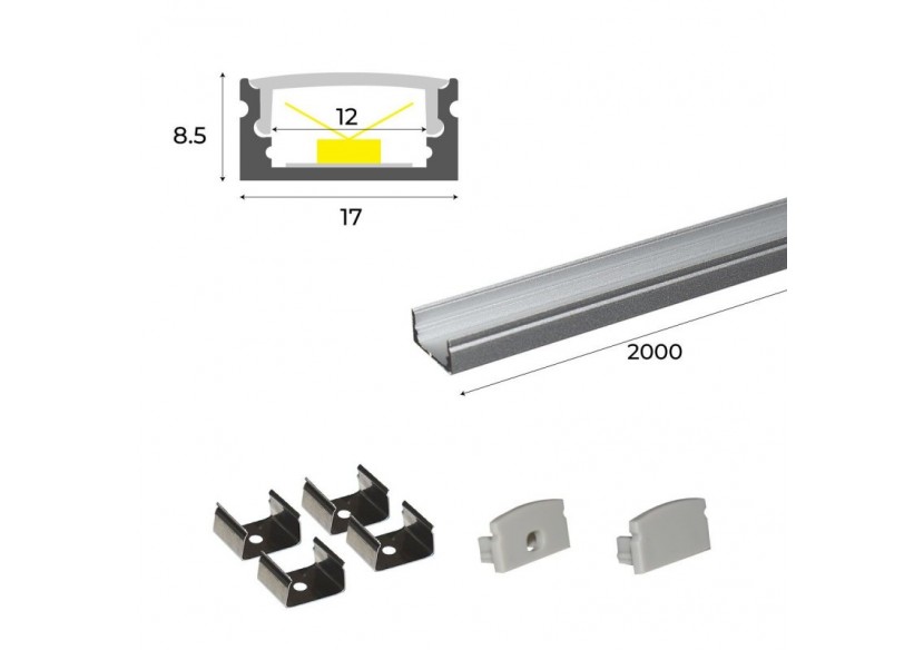 Profilé saillie en aluminium pour bande LED avec diffuseur-17x8mm-4 clips-2 embouts-2m - KPERF17X8-P - Barcelona LED Profilé saillie en aluminium pour bande LED avec diffuseur-17x8mm-4 clips-2 embouts-2m - KPERF17X8-P - Barcelona LED
