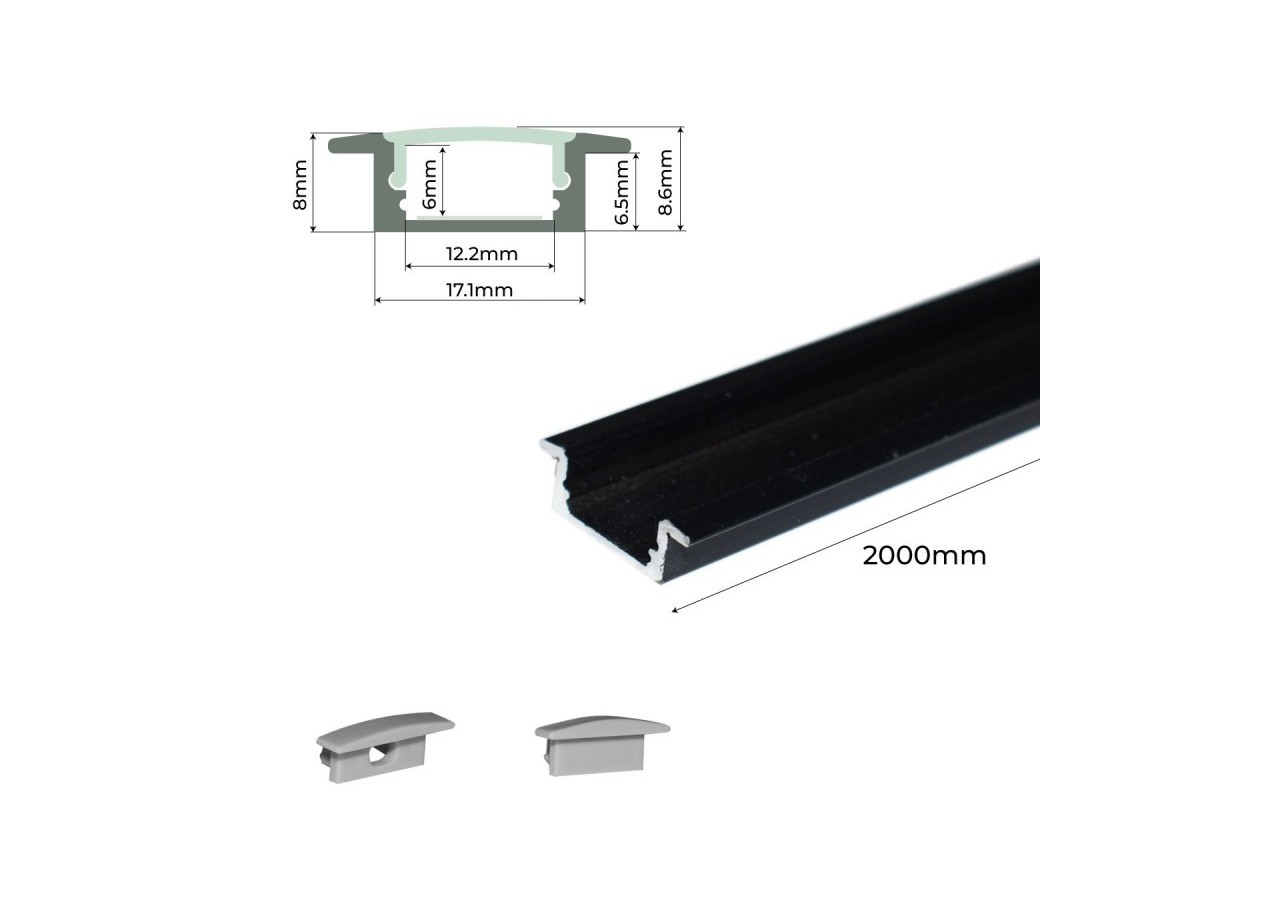 Profilé encastré en aluminium pour bande LED avec diffuseur-23x8mm-2 embouts-2m - KPERF23X8-N - Barcelona LED