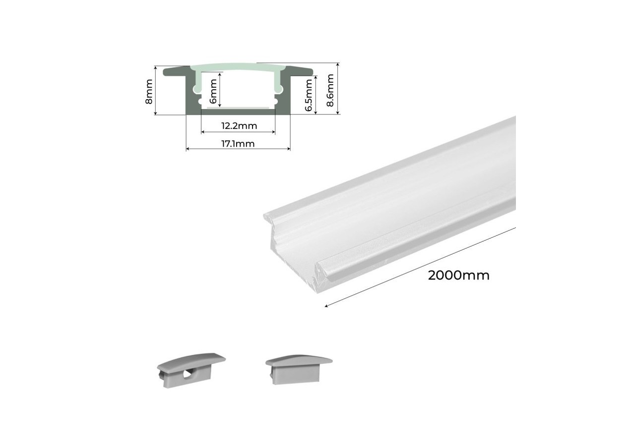 Profilé encastré en aluminium pour bande LED avec diffuseur-23x8mm-2 embouts-2m - KPERF23X8-B - Barcelona LED