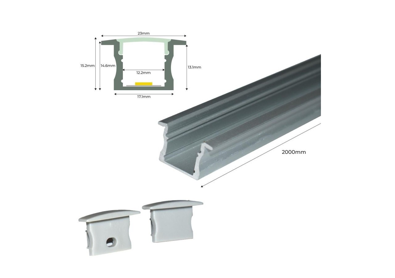 Profilé encastré en aluminium pour bande LED avec diffuseur-23x15mm-2 embouts-2m - KPERF23X15-P - Barcelona LED