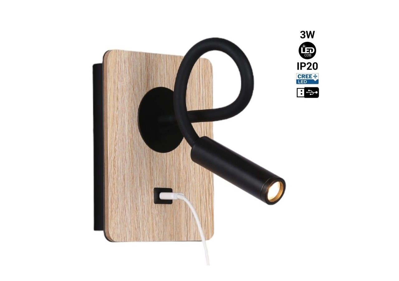 Applique liseuse flexible avec port USB "LONDON USB"-Puce CREE-3W - LN1511-USB-N - Barcelona LED