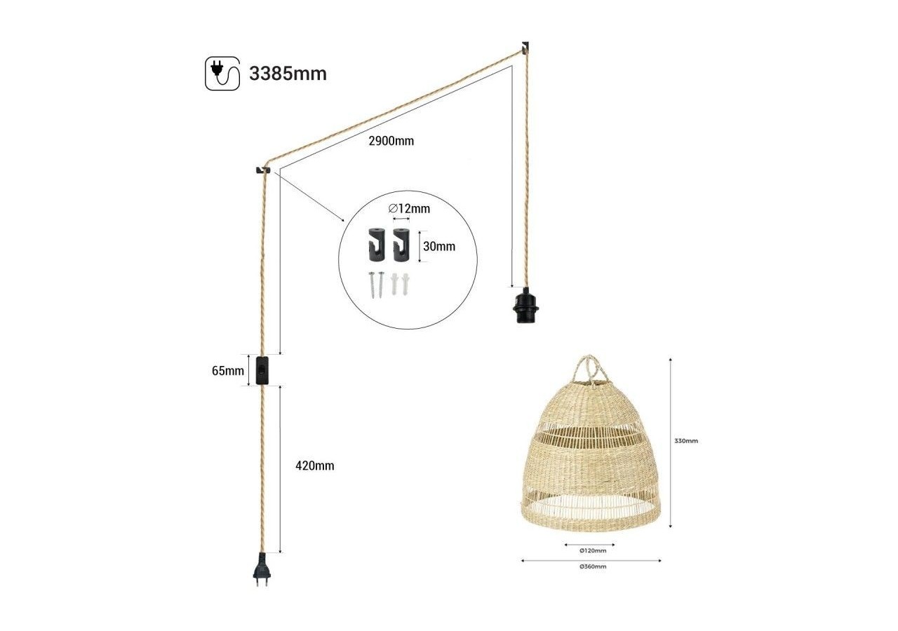 Suspension en osier "Ikken" avec interrupteur et prise murale - K172-C-CU - Barcelona LED
