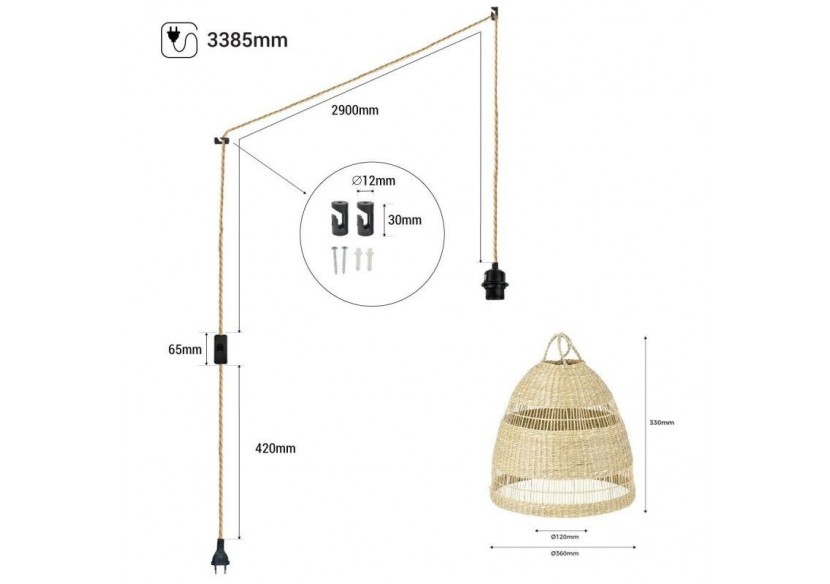 Suspension en osier "Ikken" avec interrupteur et prise murale - K172-C-CU - Barcelona LED