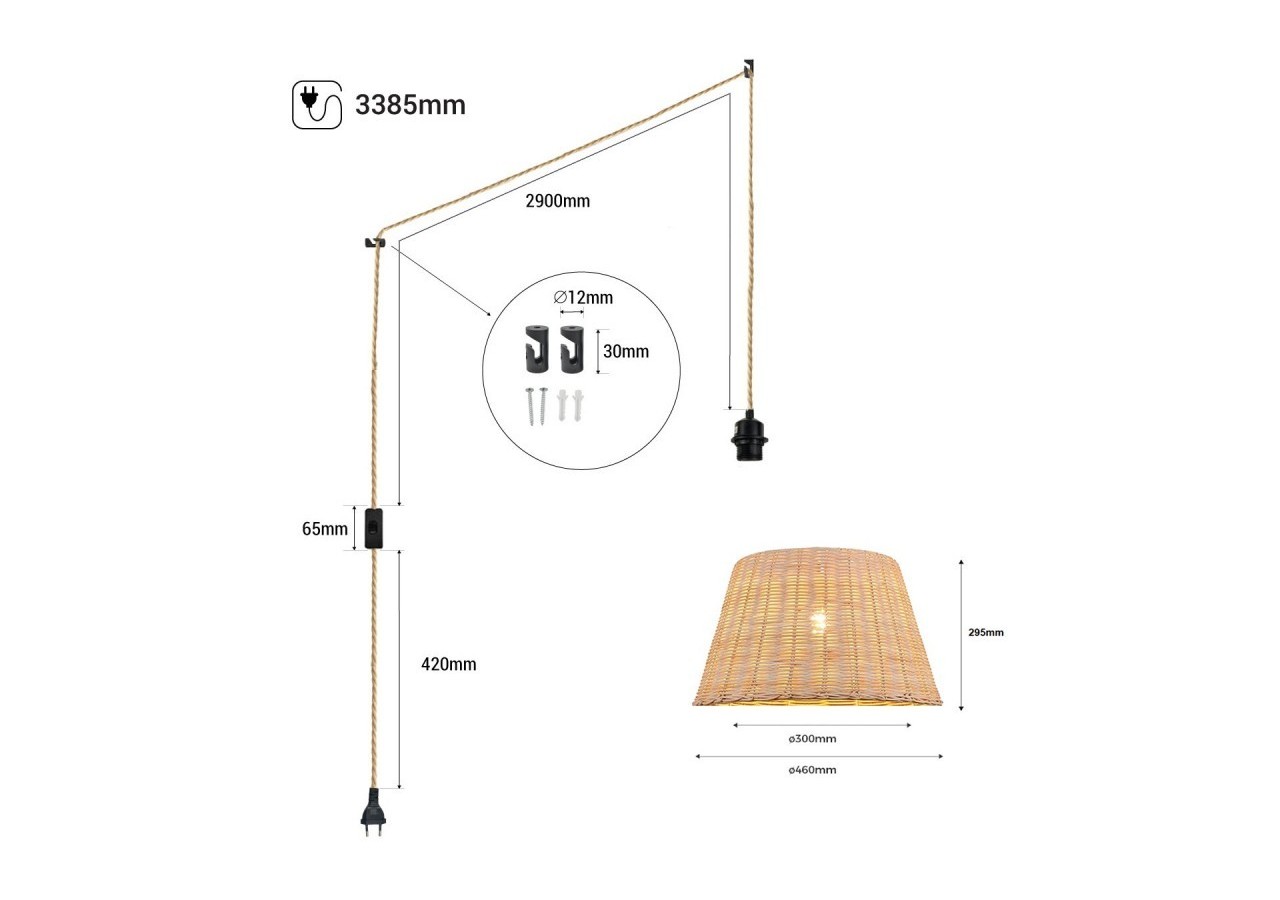Suspension en osier "Hank" avec interrupteur et prise - K175-C-CU - Barcelona LED