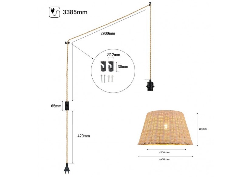 Suspension en osier "Hank" avec interrupteur et prise - K175-C-CU - Barcelona LED