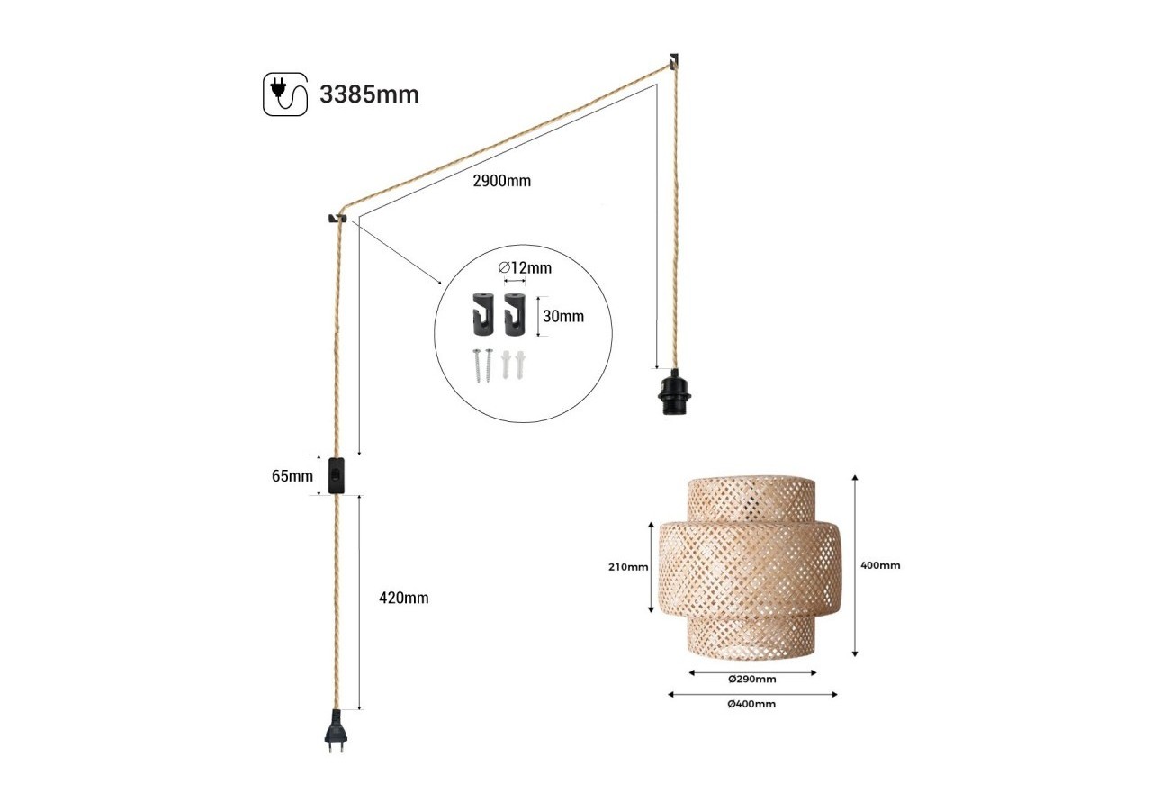 Suspension en osier "Onna" avec interrupteur et prise - K176-C-CU - Barcelona LED