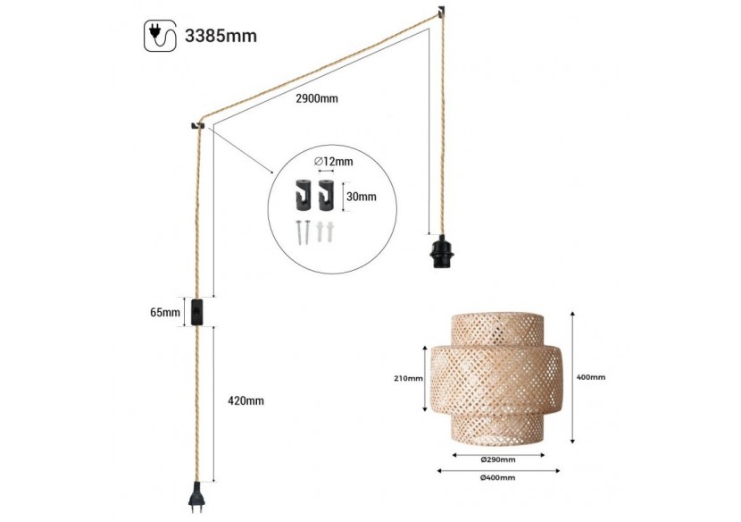 Suspension en osier "Onna" avec interrupteur et prise - K176-C-CU - Barcelona LED