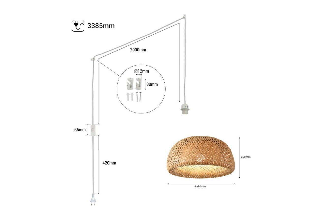 Suspension en osier "Hanna" avec interrupteur et prise - K178-C-B - Barcelona LED
