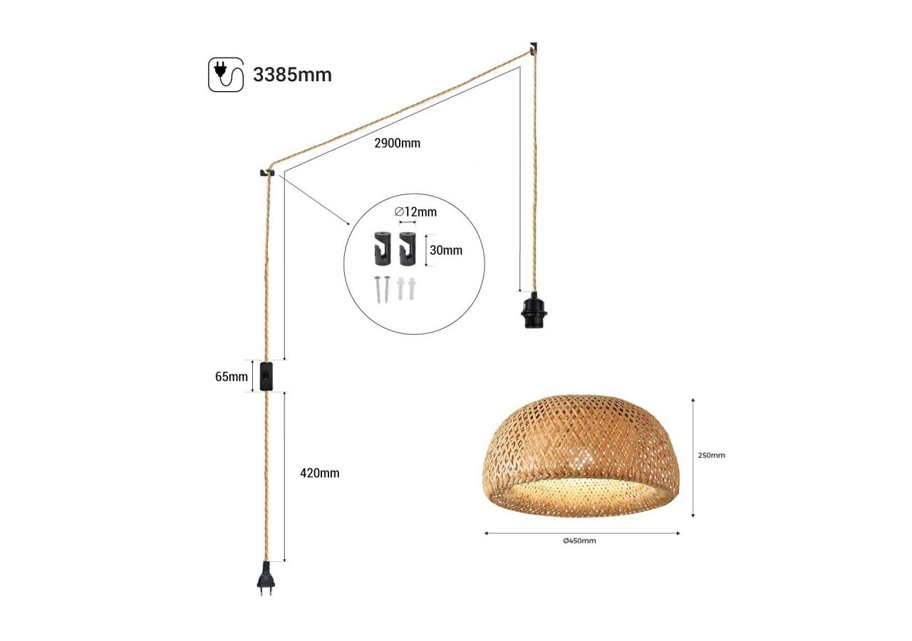 Suspension en osier "Hanna" avec interrupteur et prise - K178-C-CU - Barcelona LED