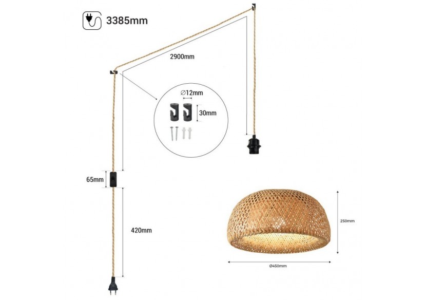 Suspension en osier "Hanna" avec interrupteur et prise - K178-C-CU - Barcelona LED