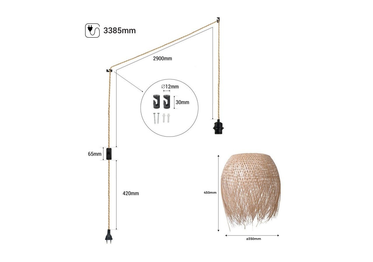 Suspension en rotin "Java" avec interrupteur et prise - K180-C-CU - Barcelona LED