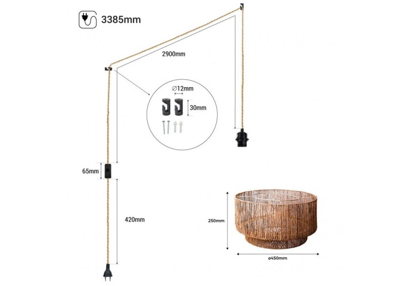 Suspension en jute "Bali" avec interrupteur et prise - K181-C-CU - Barcelona LED