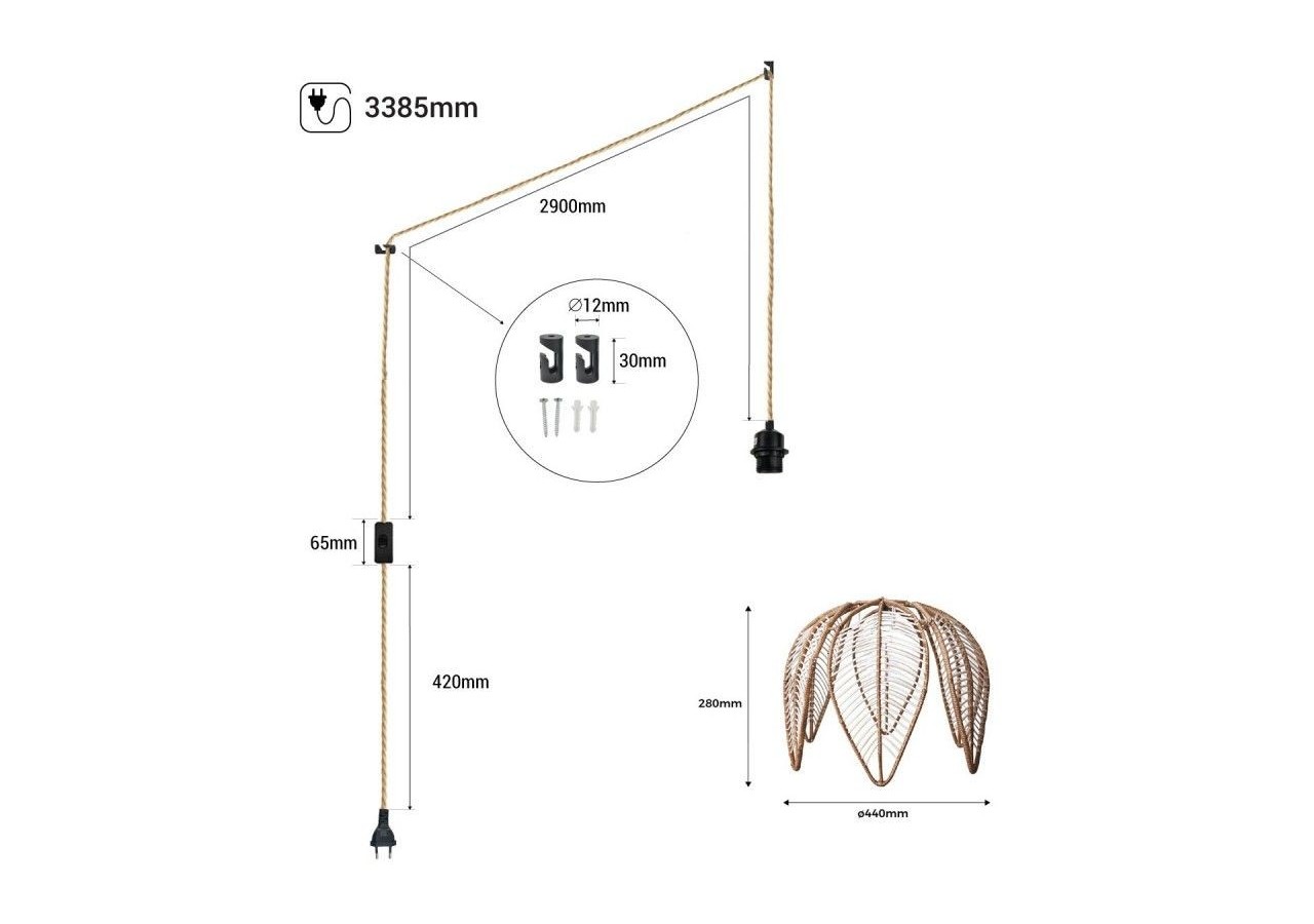 Suspension en rotin "Bintan" en forme de fleur avec interrupteur et prise - K182-C-CU - Barcelona LED