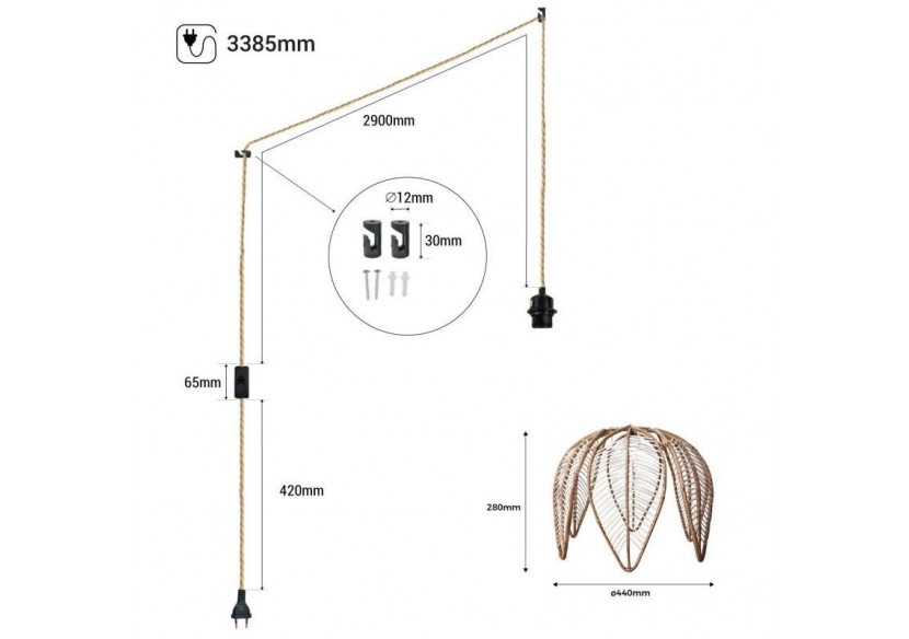 Suspension en rotin "Bintan" en forme de fleur avec interrupteur et prise - K182-C-CU - Barcelona LED