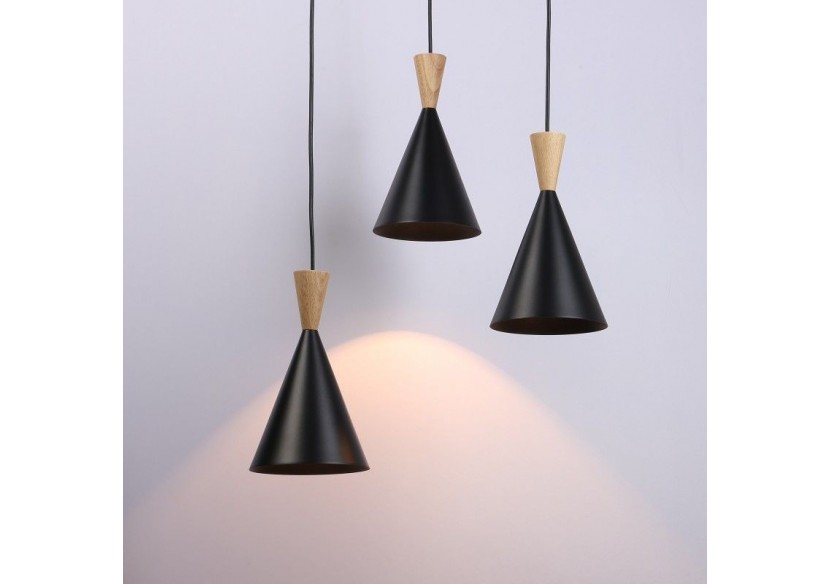 Suspension triple abat-jour en métal et bois "Lima" - LN3014-N - Barcelona LED Suspension triple abat-jour en métal et bois "Lima" - LN3014-N - Barcelona LED