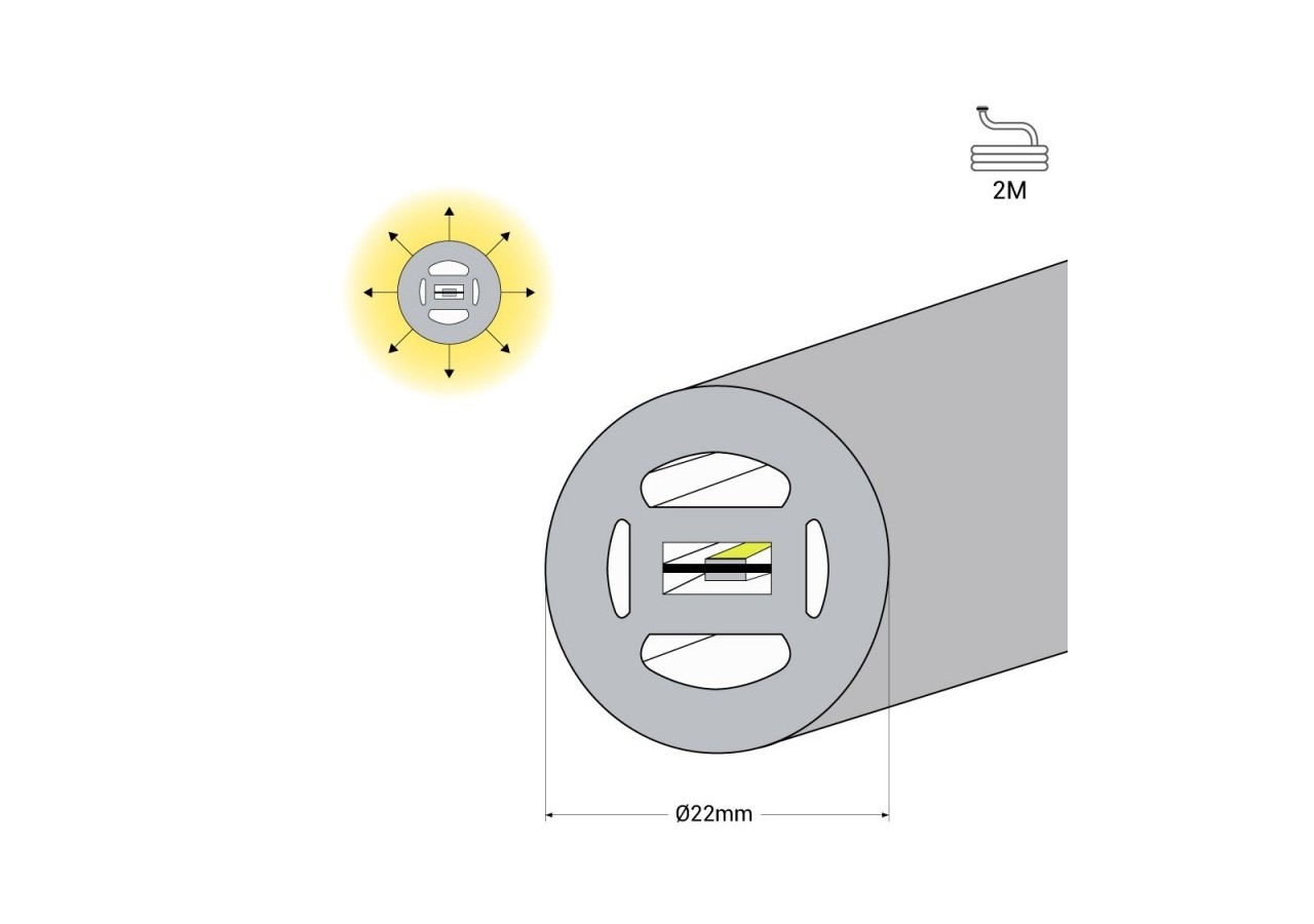 Néon LED flexible circulaire à 360 degrés-diamètre 22mm-2m-24V DC-240Ch/m-19,2W/m-IP65 - NSD22-2M-BC - Barcelona LED