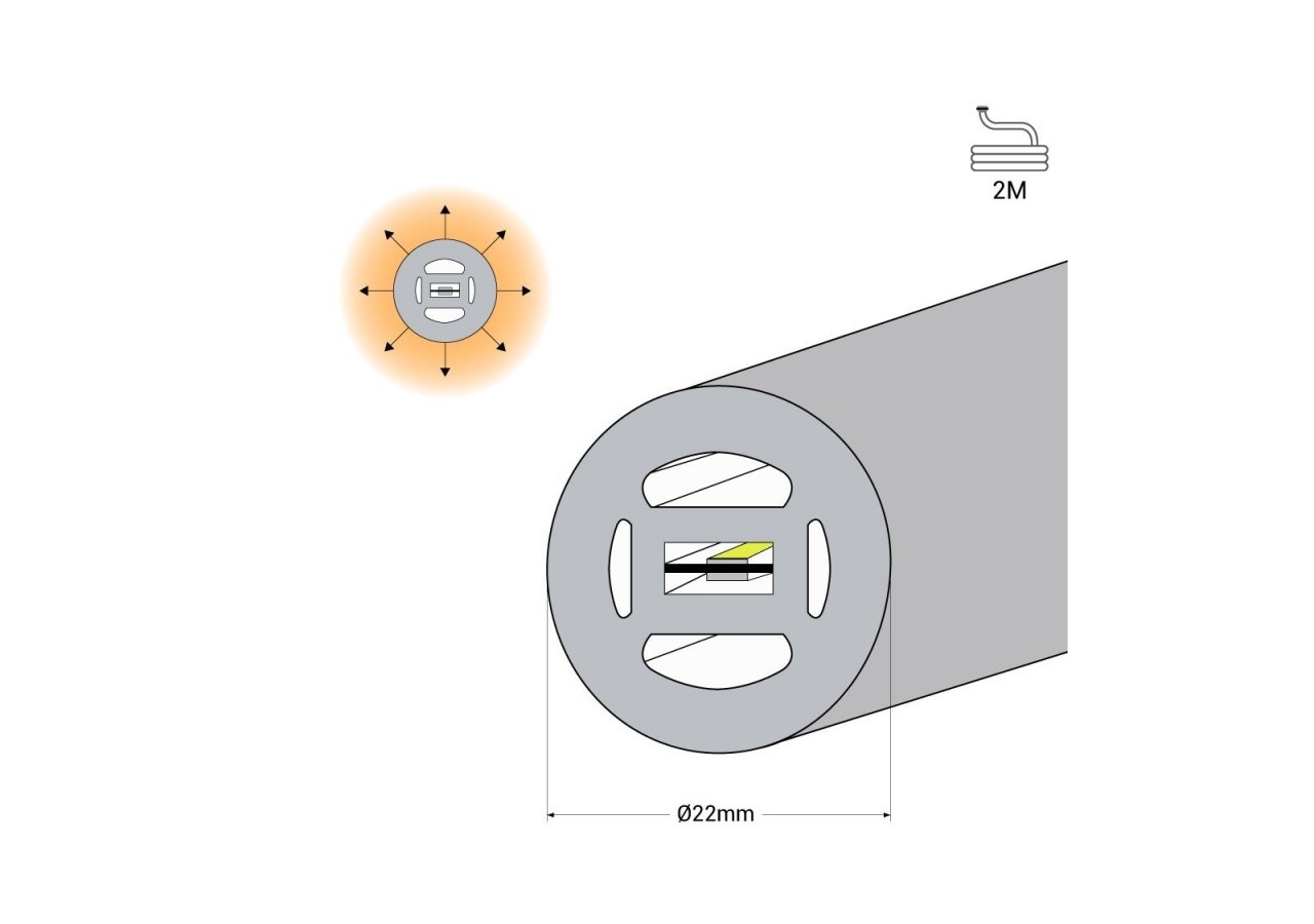 Néon LED flexible circulaire à 360 degrés-diamètre 22mm-2m-24V DC-240Ch/m-19,2W/m-IP65 - NSD22-2M-BN - Barcelona LED