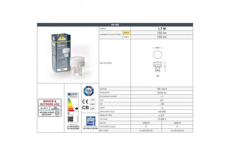 Ampoule LED G9-1,7W-Fumagalli - H.LED.G09.3K - Barcelona LED 2