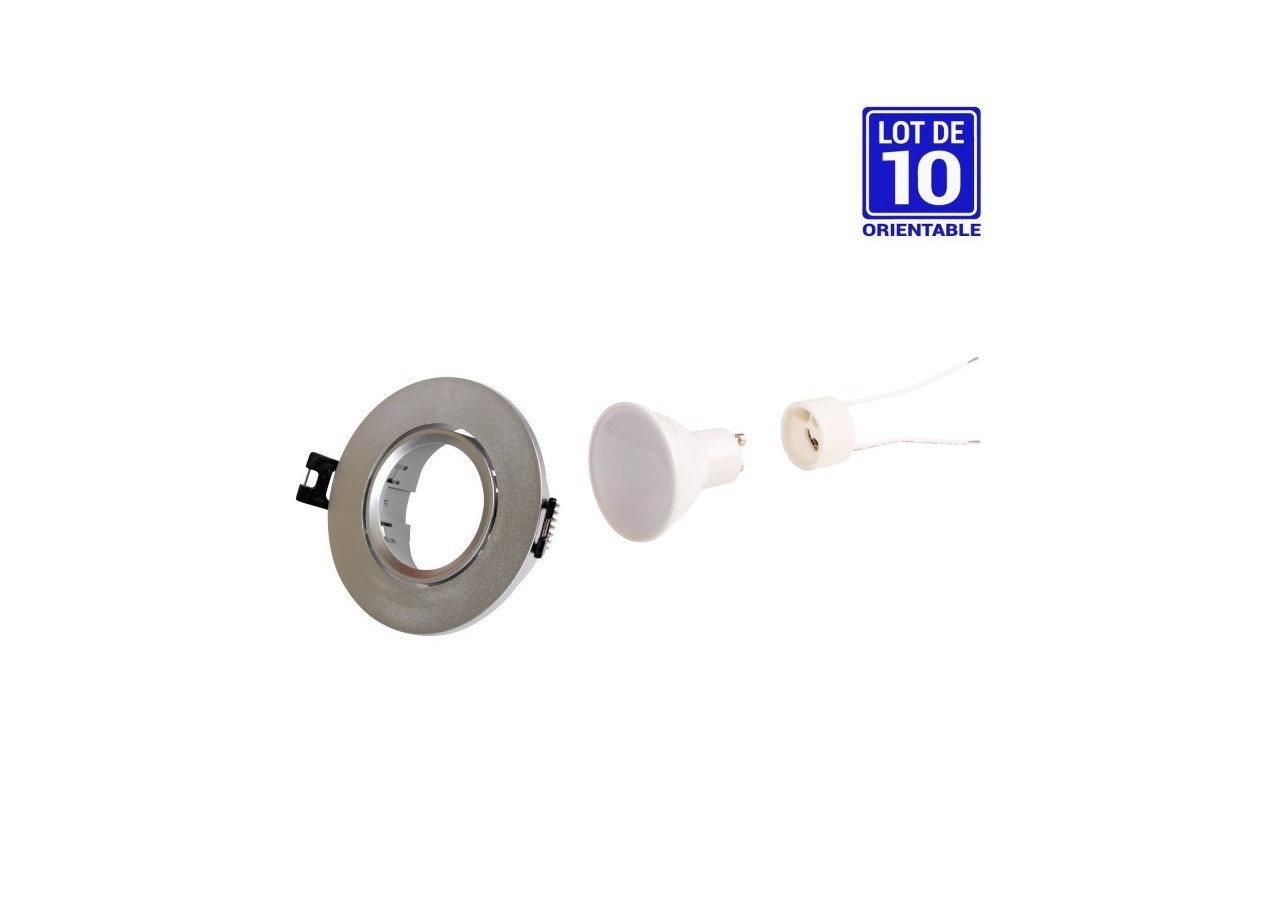 10x Collerette downlight orientable argent diamètre 90mm et Ampoule GU10 5W et Douille GU10 - K981-R-G-BC-10 - Barcelona LED