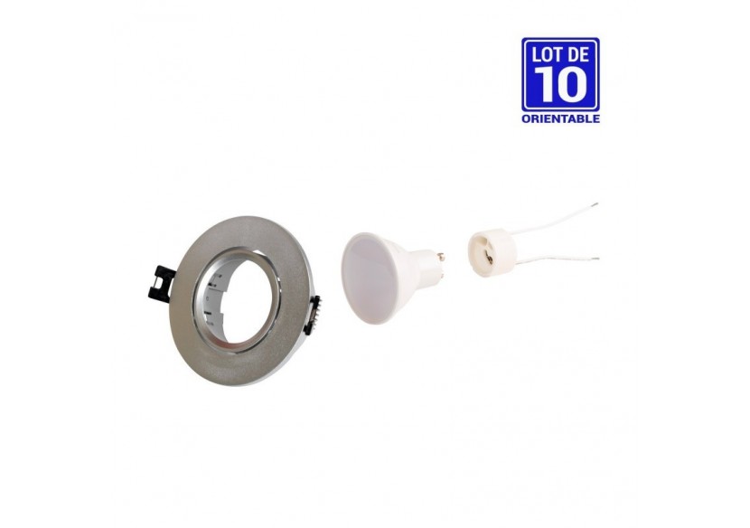 10x Collerette downlight orientable argent diamètre 90mm et Ampoule GU10 5W et Douille GU10 - K981-R-G-BC-10 - Barcelona LED