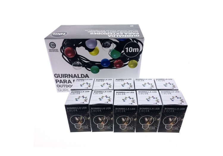 Kit guirlande lumineuse extérieure 10m + 10 ampoules LED E27 1W-IP44-Blanc chaud - K_L1500-N - Barcelona LED 2