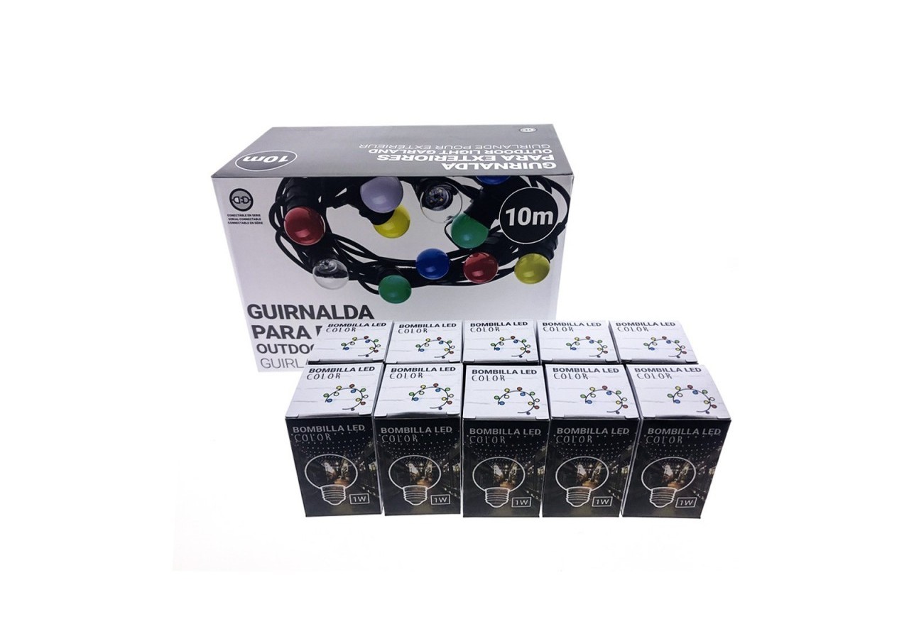 Kit guirlande lumineuse extérieure 10m + 10 ampoules LED E27 1W-IP44-Blanc chaud - K_L1500-N - Barcelona LED