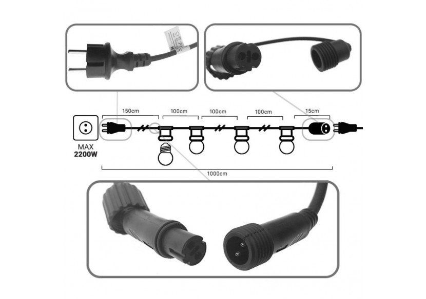 Kit guirlande lumineuse extérieure 10m + 10 ampoules LED E27 1W-IP44-Blanc chaud - K_L1500-N - Barcelona LED Kit guirlande lumineuse extérieure 10m + 10 ampoules LED E27 1W-IP44-Blanc chaud - K_L1500-N - Barcelona LED