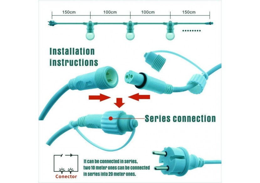 Kit guirlande lumineuse extérieure 10m + 10 ampoules LED E27 1W-IP44-Blanc chaud - K_L1500-VE - Barcelona LED