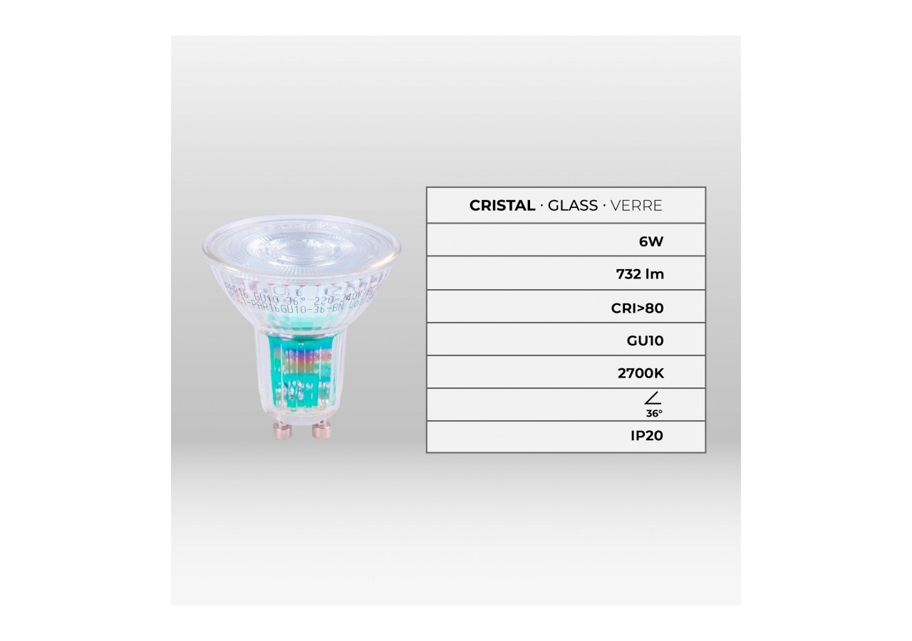 Ampoule LED GU10 6W verre-800lm-PAR16-36 degrés - BSC1-PAR16GU10-36-BC - Barcelona LED
