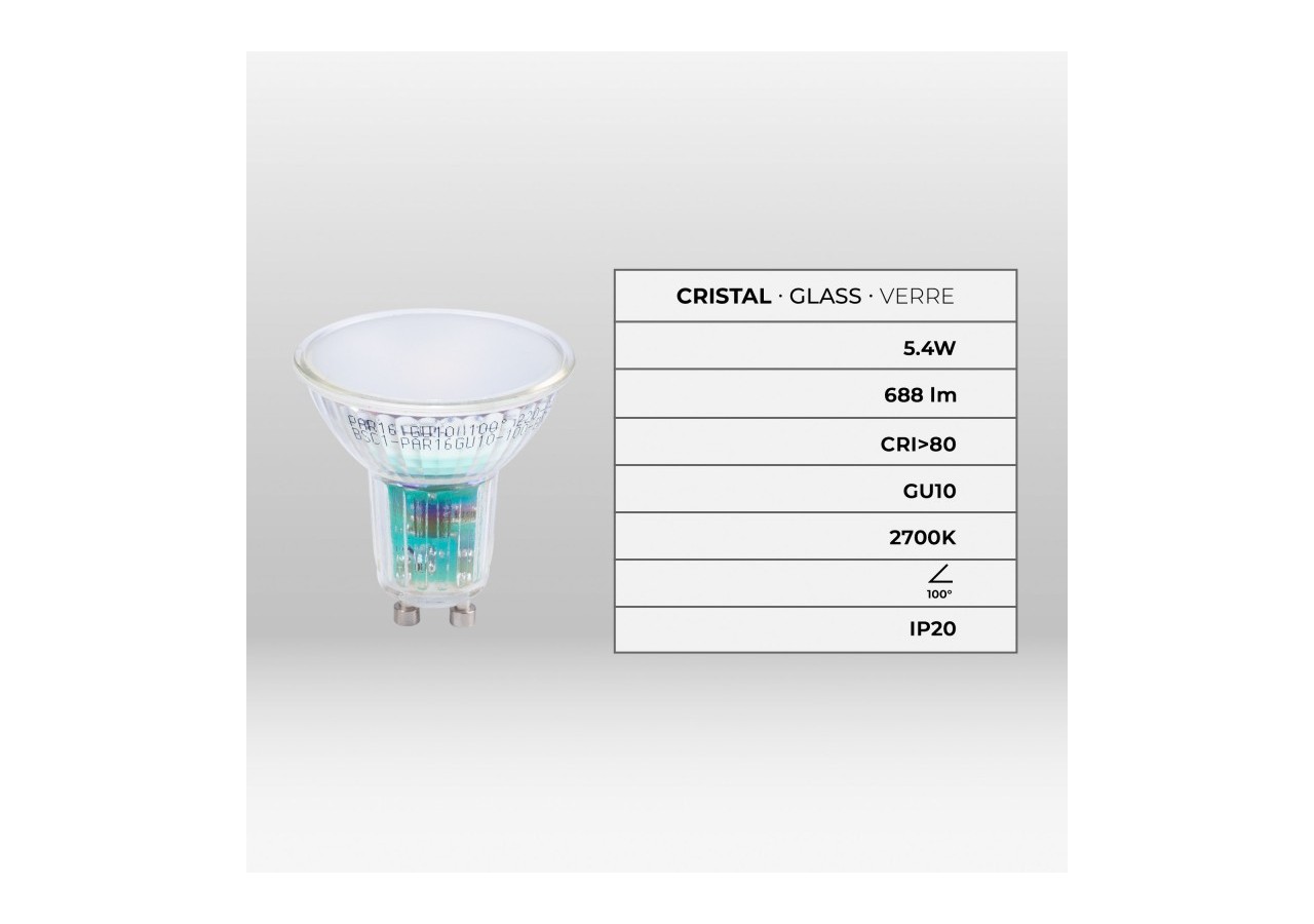 Ampoule LED GU10 5,4W verre-740lm-PAR16-100 degrés - BSC1-PAR16GU10-100-BC - Barcelona LED