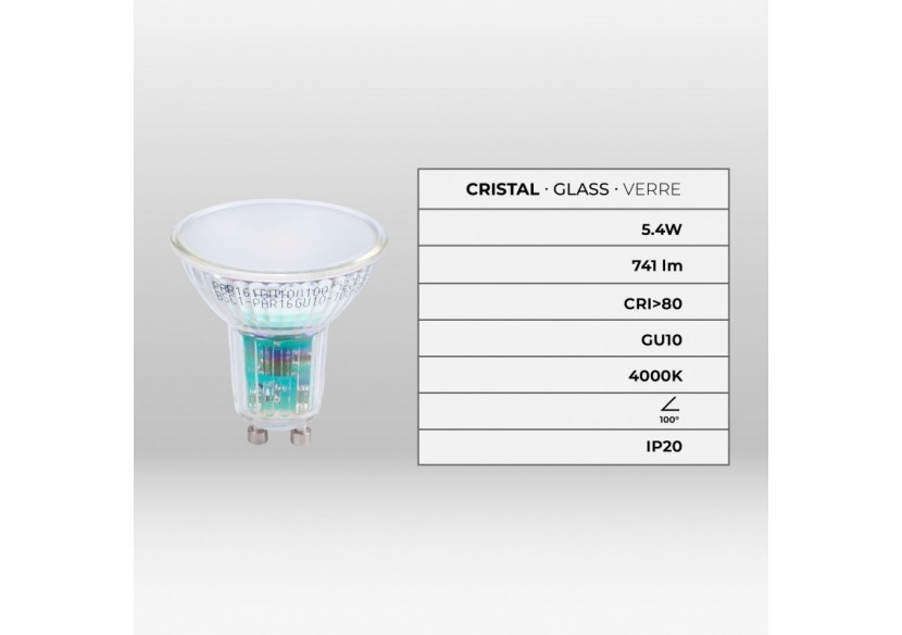 Ampoule LED GU10 5,4W verre-740lm-PAR16-100 degrés - BSC1-PAR16GU10-100-BN - Barcelona LED
