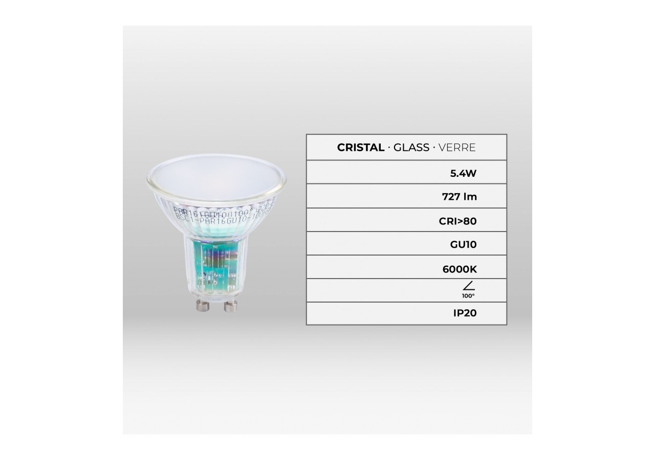Ampoule LED GU10 5,4W verre-740lm-PAR16-100 degrés - BSC1-PAR16GU10-100-BF - Barcelona LED
