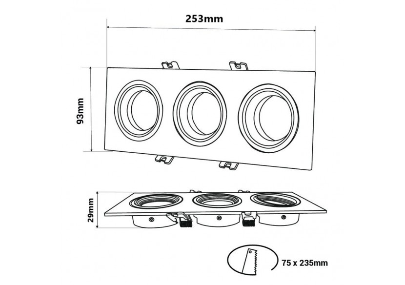 Collerette downlight carrée triple orientable GU10 / MR16-Faible indice UGR-Coupe 75 x 235 mm - B923-CN - Barcelona LED Collerette downlight carrée triple orientable GU10 / MR16-Faible indice UGR-Coupe 75 x 235 mm - B923-CN - Barcelona LED