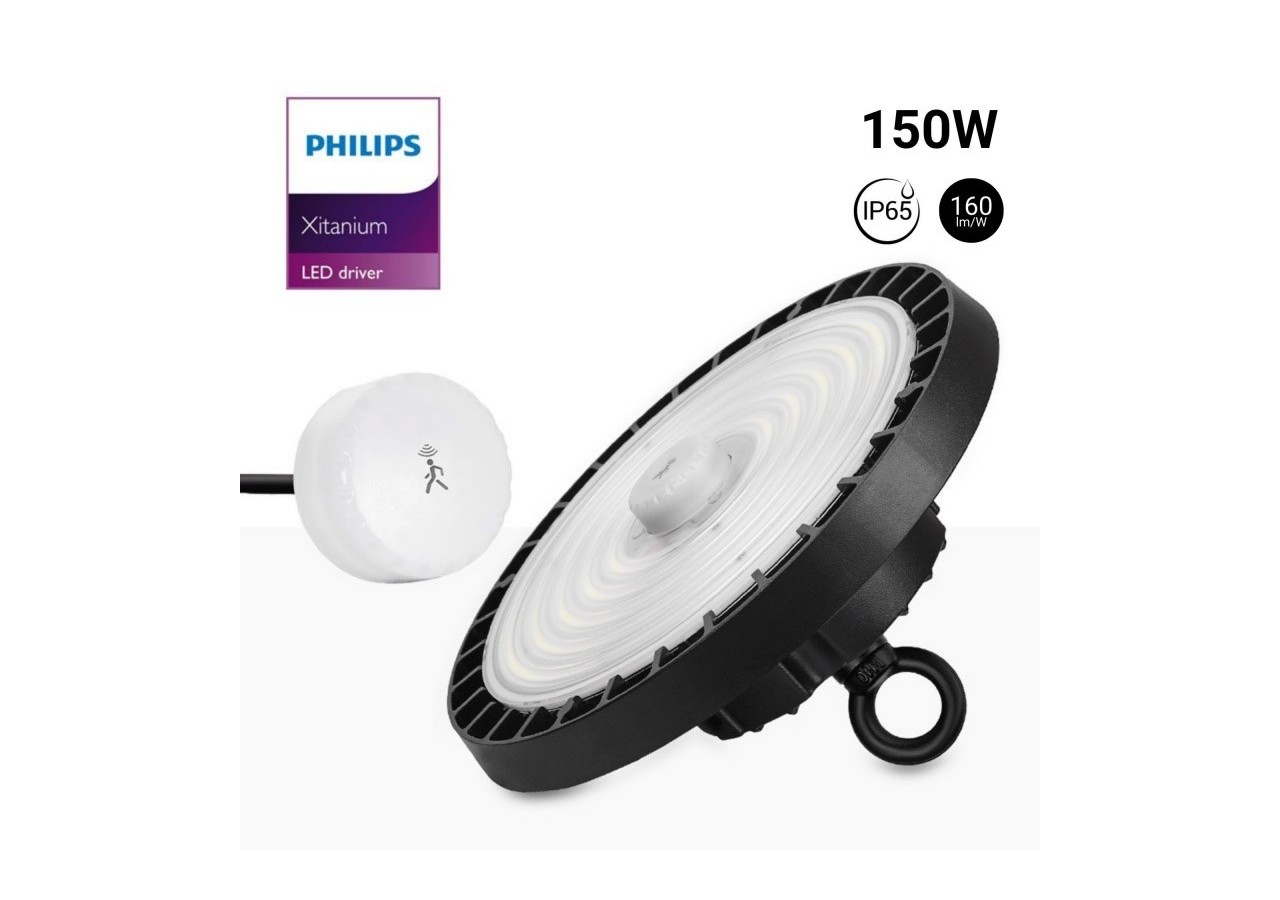 Cloche industrielle LED avec capteur de mouvement 150W-Driver Philips-Dimmable 1-10V-IP65 - K8137-150-5K-S - Barcelona LED