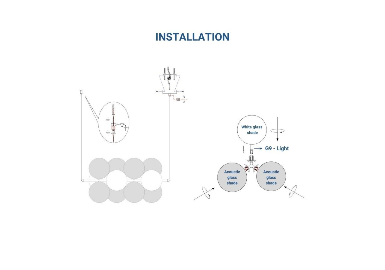 Suspension acoustique horizontale "DRAC"-4 globes lumineux et 8 globes absorbants - B206-H-CB - Barcelona LED