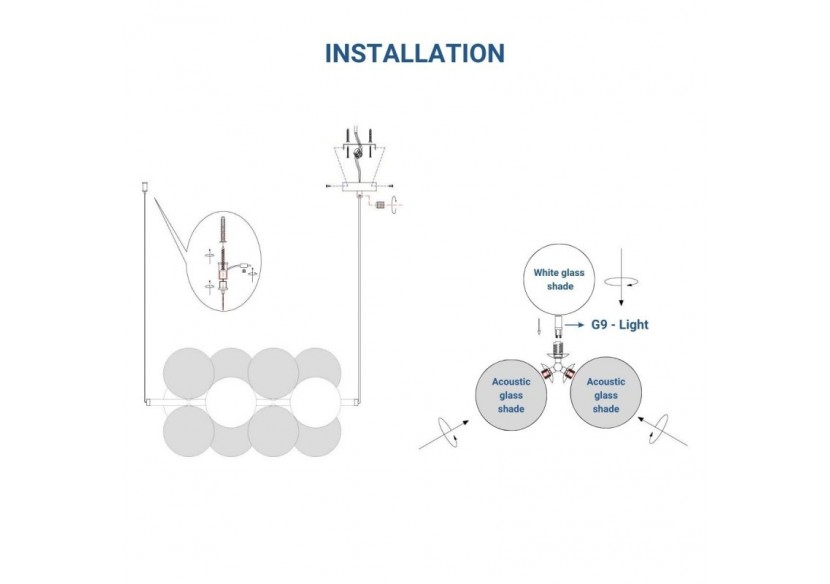 Suspension acoustique horizontale "DRAC"-4 globes lumineux et 8 globes absorbants - B206-H-CB - Barcelona LED