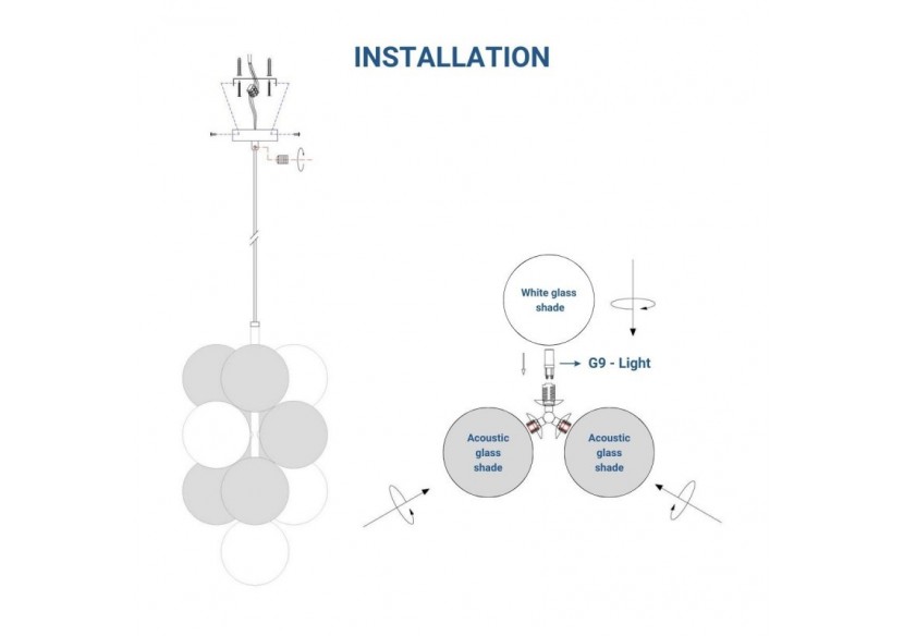 Suspension acoustique verticale "DRAC"-4 globes lumineux et 6 globes absorbants - B206-V-GB - Barcelona LED