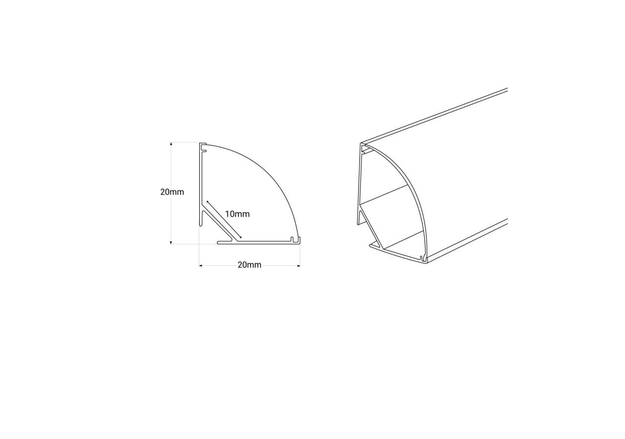 Profilé d'angle en aluminium avec diffuseur-Kit complet-20x20mm -Ruban LED jusqu'à 10mm-2m - BXT-632-B - Barcelona LED