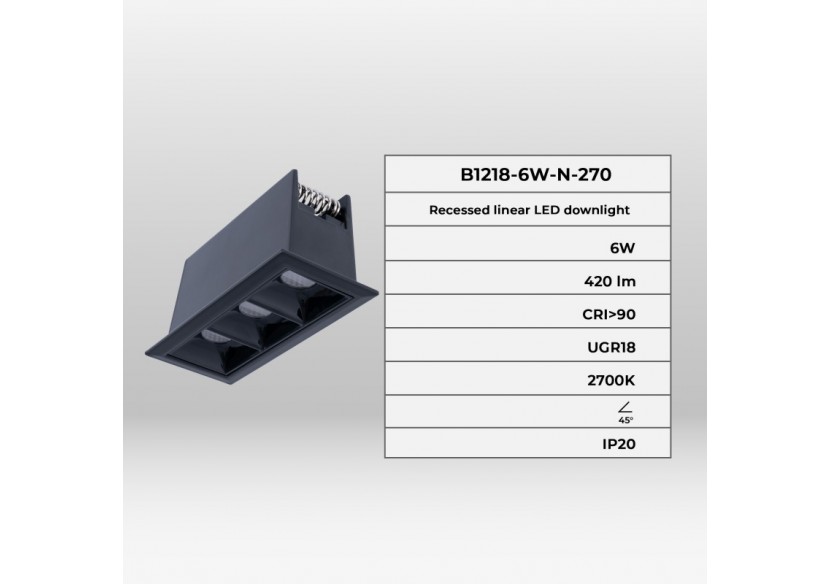Spot linéaire LED encastré triple 6W-UGR18-IRC90-Puce OSRAM-Noir - B1218-6W-N-270 - Barcelona LED Spot linéaire LED encastré triple 6W-UGR18-IRC90-Puce OSRAM-Noir - B1218-6W-N-270 - Barcelona LED