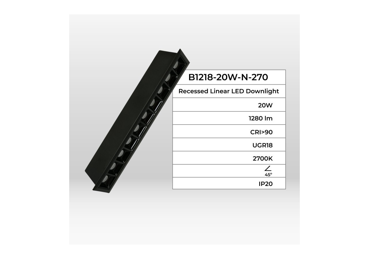 Spot linéaire LED encastré 20W-UGR18-IRC90-Puce OSRAM-Noir - B1218-20W-N-270 - Barcelona LED