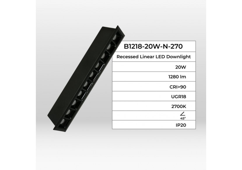 Spot linéaire LED encastré 20W-UGR18-IRC90-Puce OSRAM-Noir - B1218-20W-N-270 - Barcelona LED
