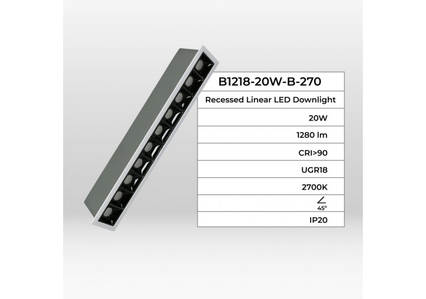 Spot linéaire LED encastré 20W-UGR18-IRC90-Puce OSRAM-Blanc - B1218-20W-B-270 - Barcelona LED