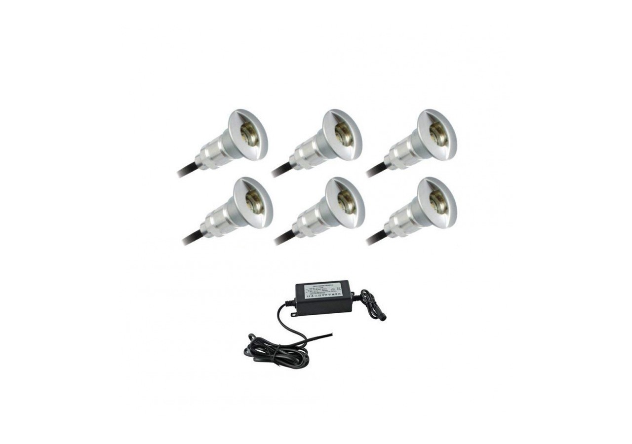 Kit 6 spots 0,3W 12V-DC diamètre 26x41mm IP67 + câbles + alimentation - BA50006-BF - Barcelona LED