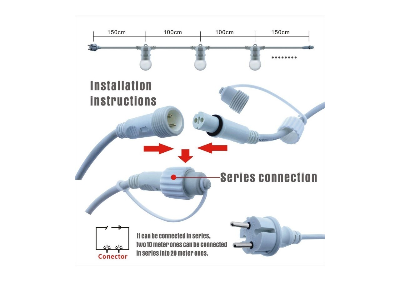 Câble guirlande guinguette extérieur 10m-IP44 - L1500-B2 - Barcelona LED
