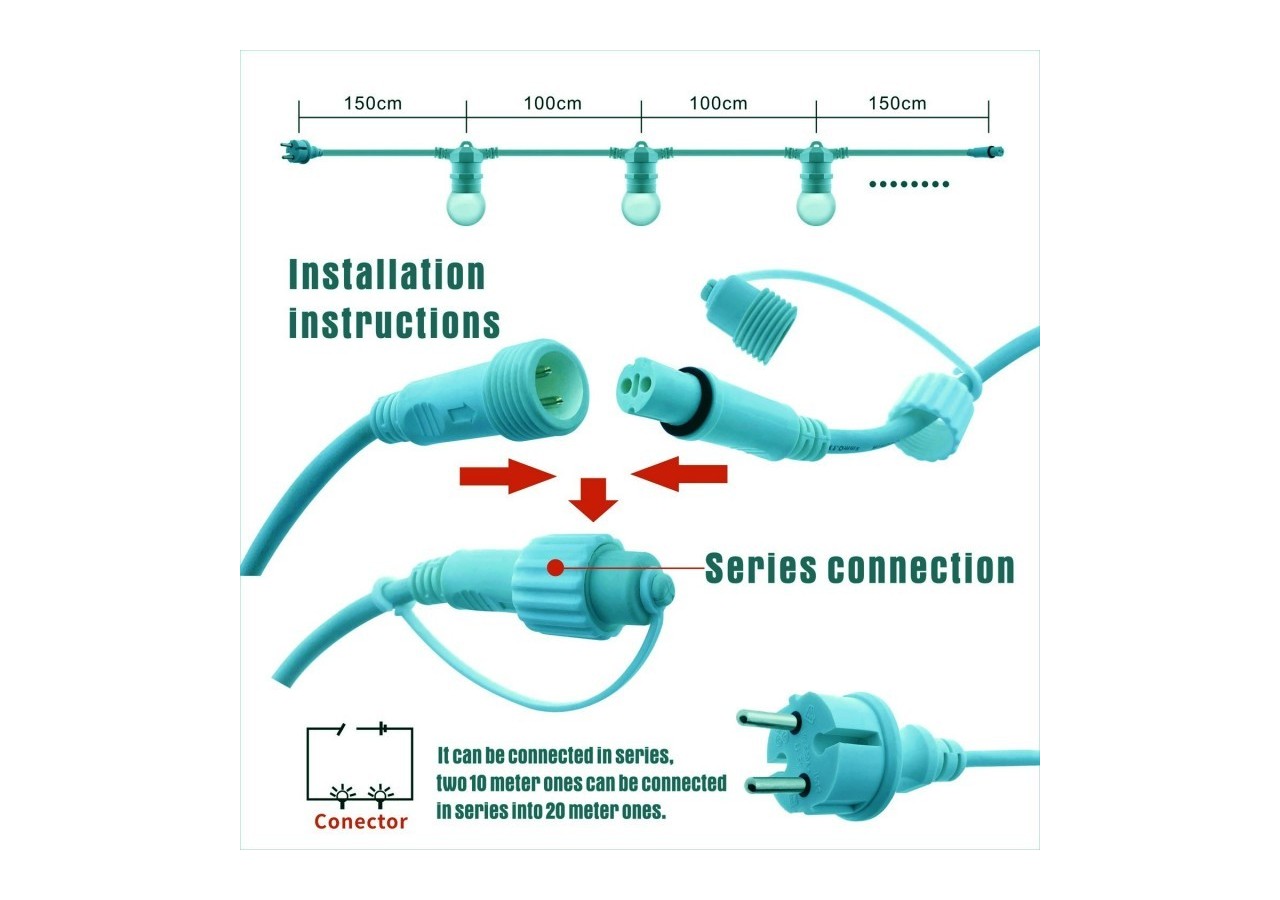 Câble guirlande guinguette extérieur 10m-IP44 - L1500-VE2 - Barcelona LED