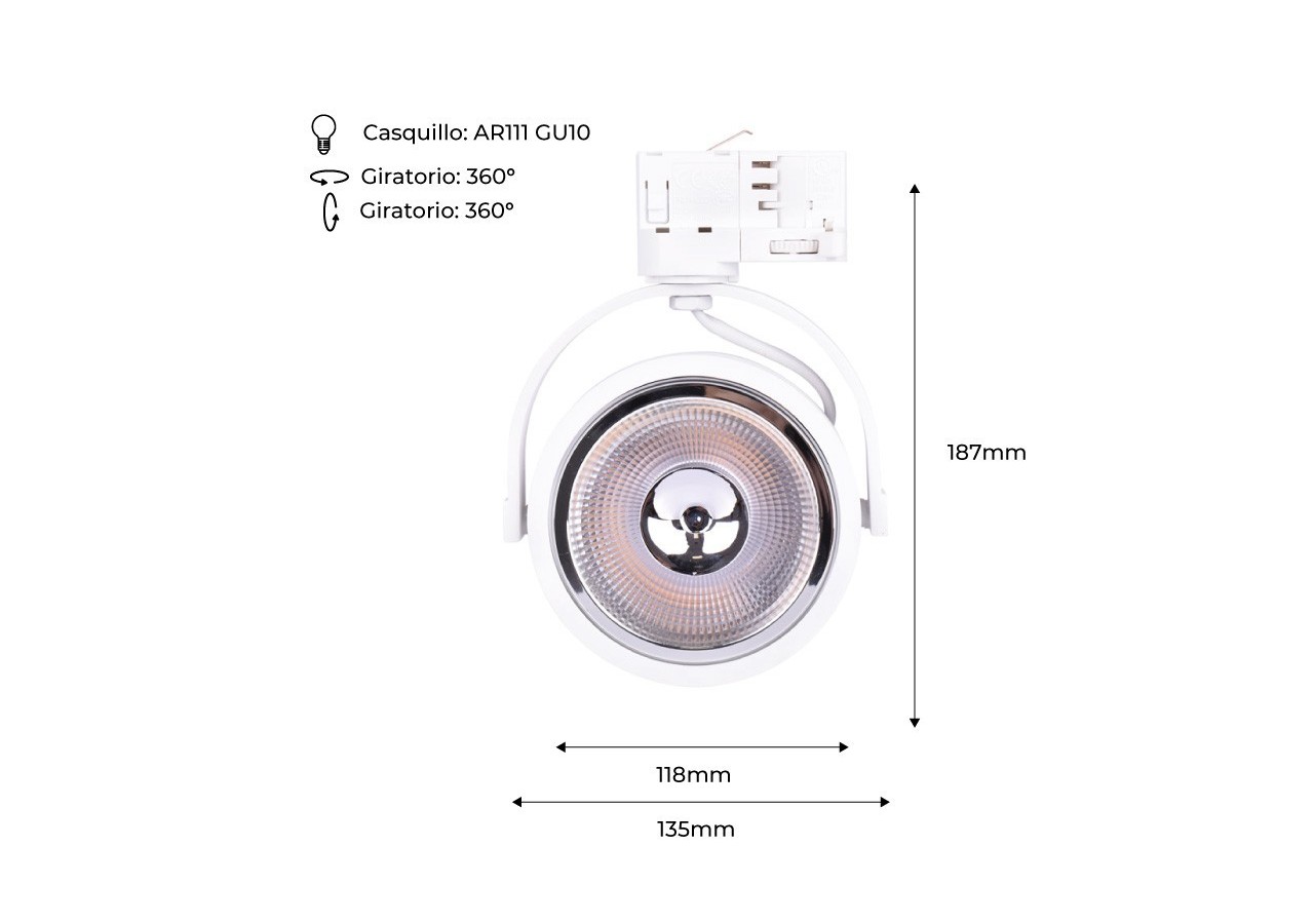 Support spot sur rail triphasé ampoule AR111 GU10 - B00581-B - Barcelona LED