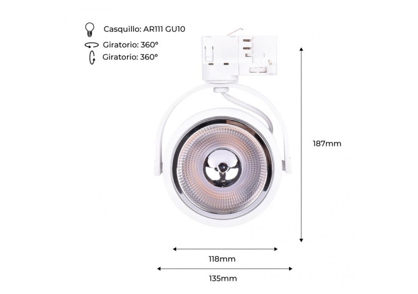 Support spot sur rail triphasé ampoule AR111 GU10 - B00581-B - Barcelona LED Support spot sur rail triphasé ampoule AR111 GU10 - B00581-B - Barcelona LED